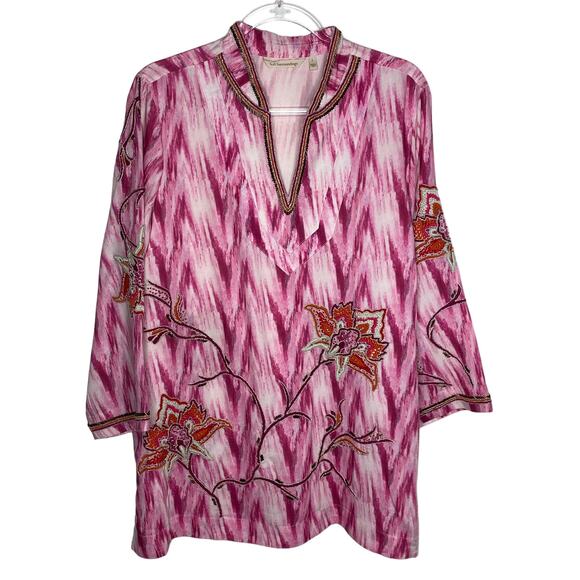 Soft Surroundings Womens Size Large Pink Altea Ikat Kimono Blouse Top Beaded - Picture 1 of 9